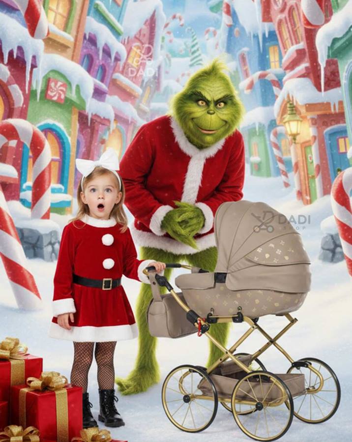 Grinch w świątecznej scenerii, szczęśliwa dziewczynka i wymarzony prezent – wózek dla lalek, Dadi-Shop